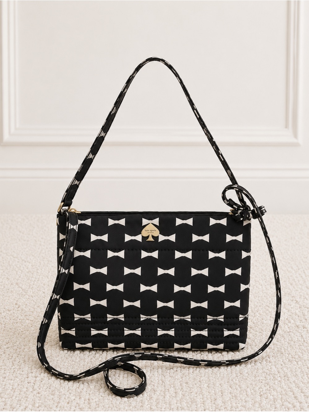 NWT Kate Spade New York Camry Flatiron Nylon Crossbody Black Ivory Bow Print